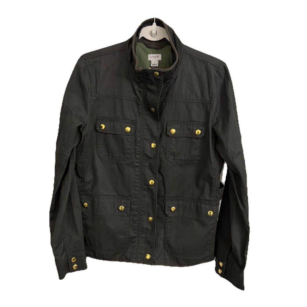 J. Crew Jacket Womens Medium Green Resin-Coated Twill Gold Snap Buttons Utility
